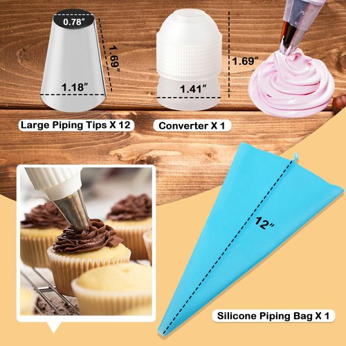 12PCS Large Piping Tips Set, Stainless Steel frosting tips with Reusable Pastry Bag, Cake Decorating Tips Set for DIY Pastry Dough, Cookie, Cupcake, Cake