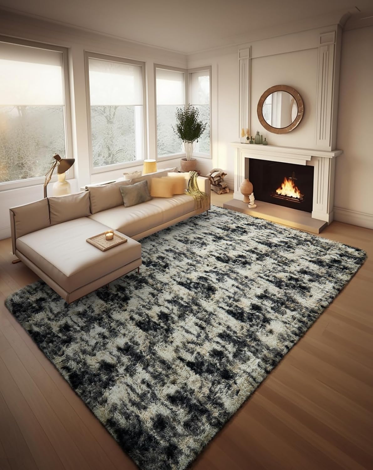 Ophanie Area Rugs - Black, Gold & Grey Fluffy Shag Carpet for Living Room | 8x10 Soft Plush Design