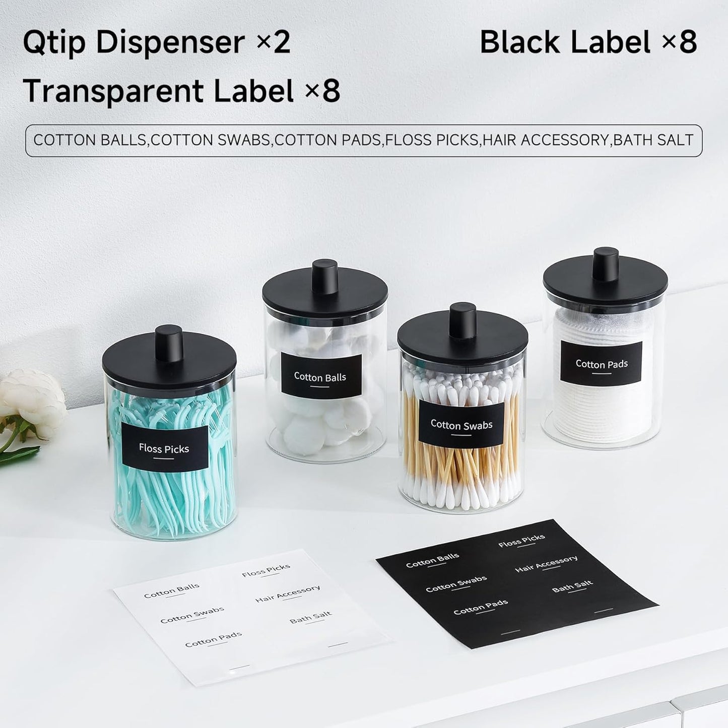 TIPGO Glass Qtip Holder Dispenser - 10 oz Clear Apothecary Jar for Cotton Swabs & Makeup Storage | 2 Pack, Black