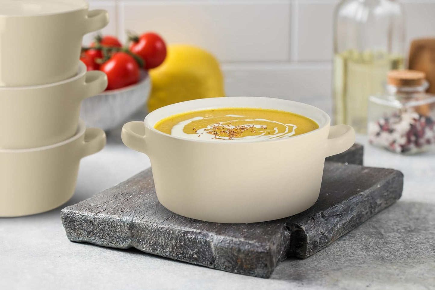 Kook Ceramic Soup Crocks - Stackable Bowls for Casserole & Pasta | Oven, Microwave & Dishwasher Safe, 18 oz, Set of 4 (Ivory)