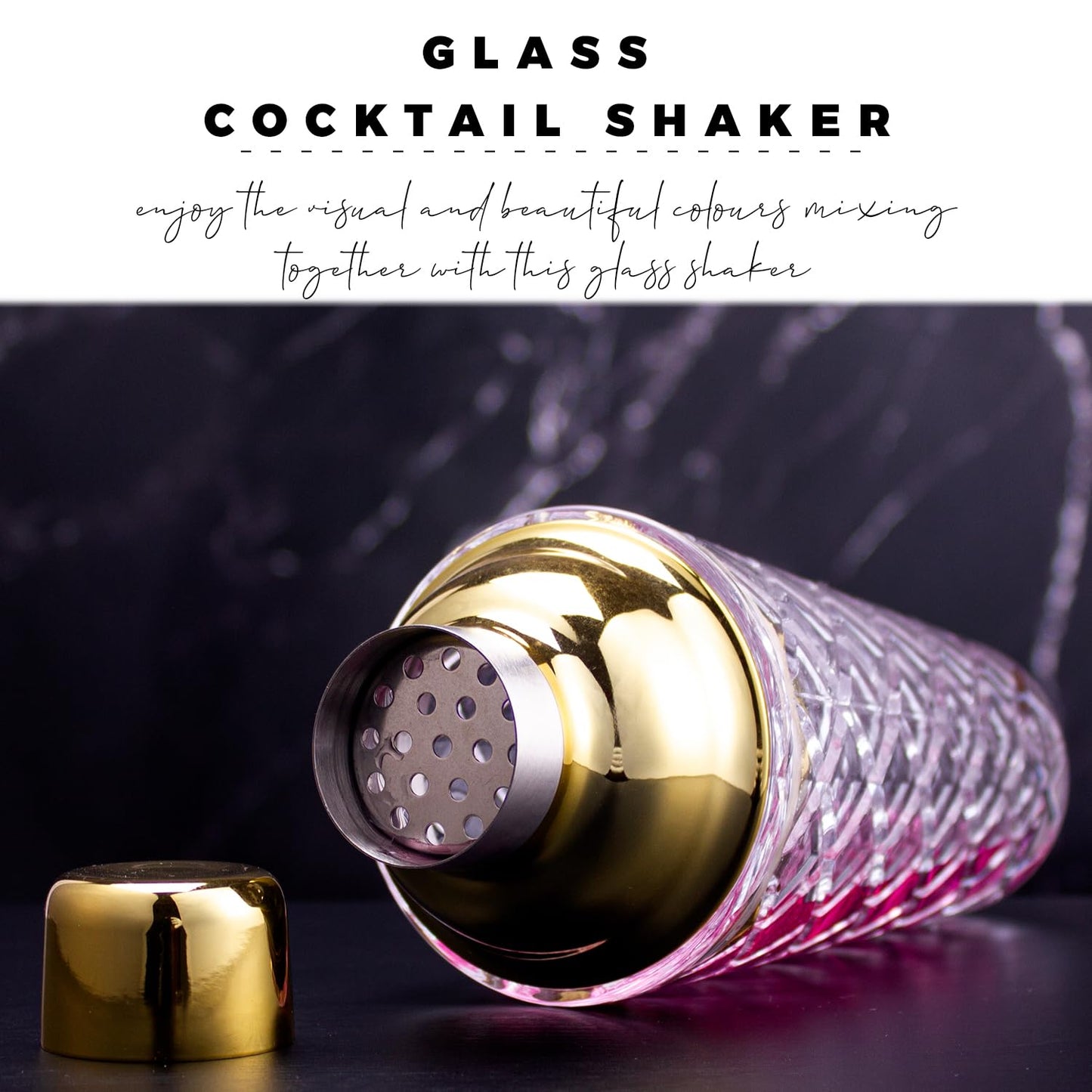 Gbuxska Gold Cocktail Shaker Set - Premium Glass Bartender Kit with Measuring Jigger, Mixing Spoon, and Muddler