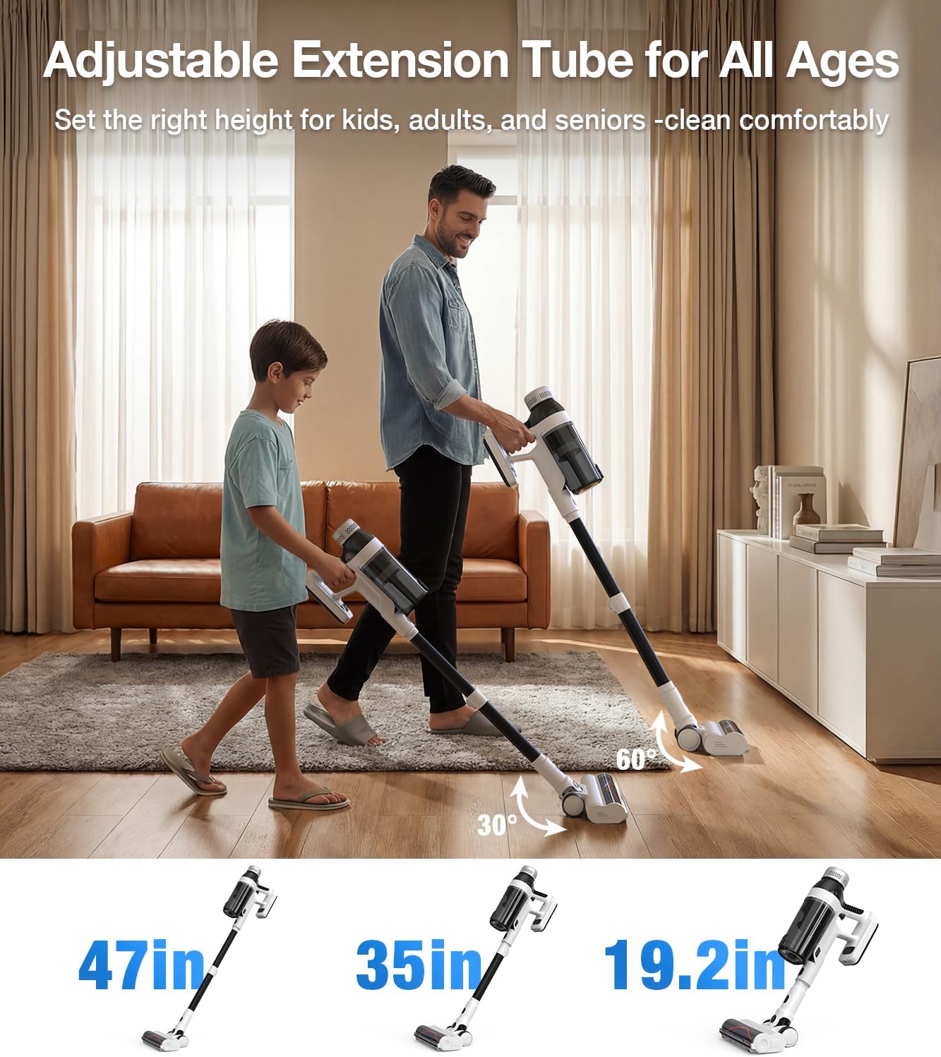 Skiennix Cordless Vacuum Cleaner - 15-in-1 Self-Standing Design with LED Light & Anti-Tangle | 55 Mins Runtime for Hard Floors & Carpets