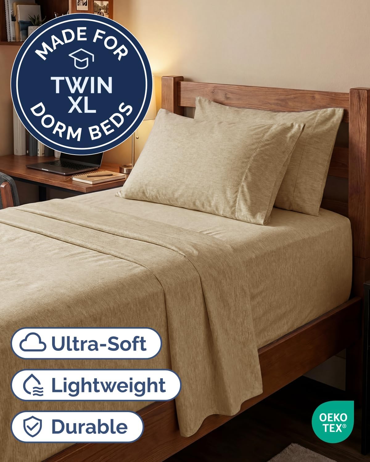 Skiennix Extra Deep Twin XL Sheet Set | 4-Piece Breathable Cooling Bedding - Soft, Wrinkle-Free, Easy Fit - Heathered Tan
