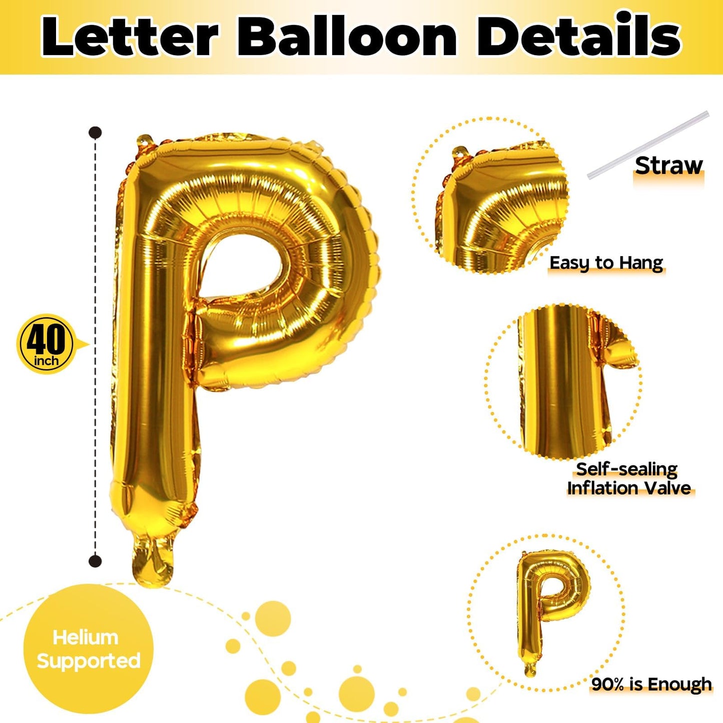 Giant P Alphabet Balloon Letters, Gold Self Inflating Custom Letter Balloons Birthday Decor, 40 Inch Helium Mylar Foil Name Word Balloons for Girls Men Anniversary Party Graduation Decoration Supplies