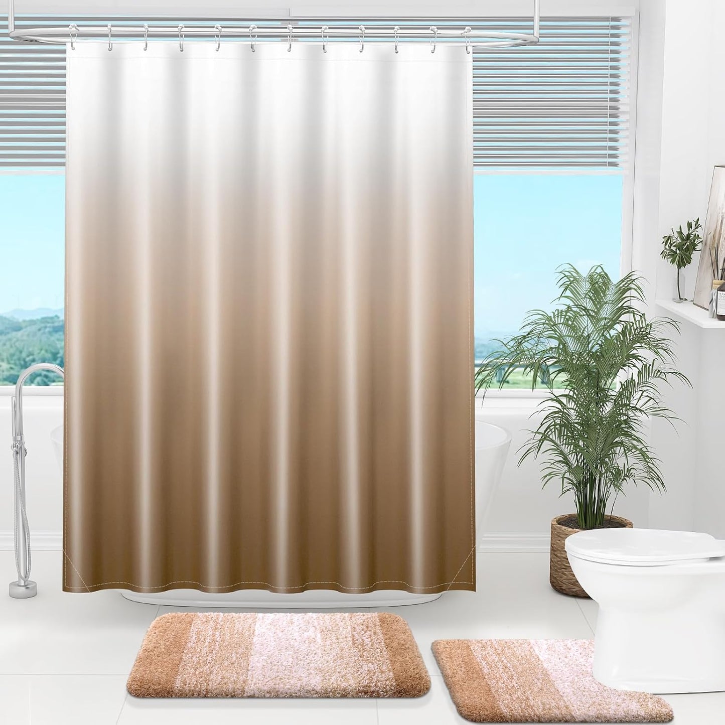 OLANLY Luxury Ombre Shower Curtain Set - Waterproof & Washable Beige/White | 72x72 Inches with 12 Hooks