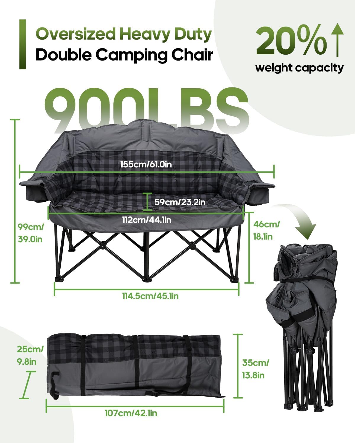 Skiennix Double Camping Chair - Padded Loveseat for 2 | Heavy-Duty Folding Couch with Cup Holders - Gray
