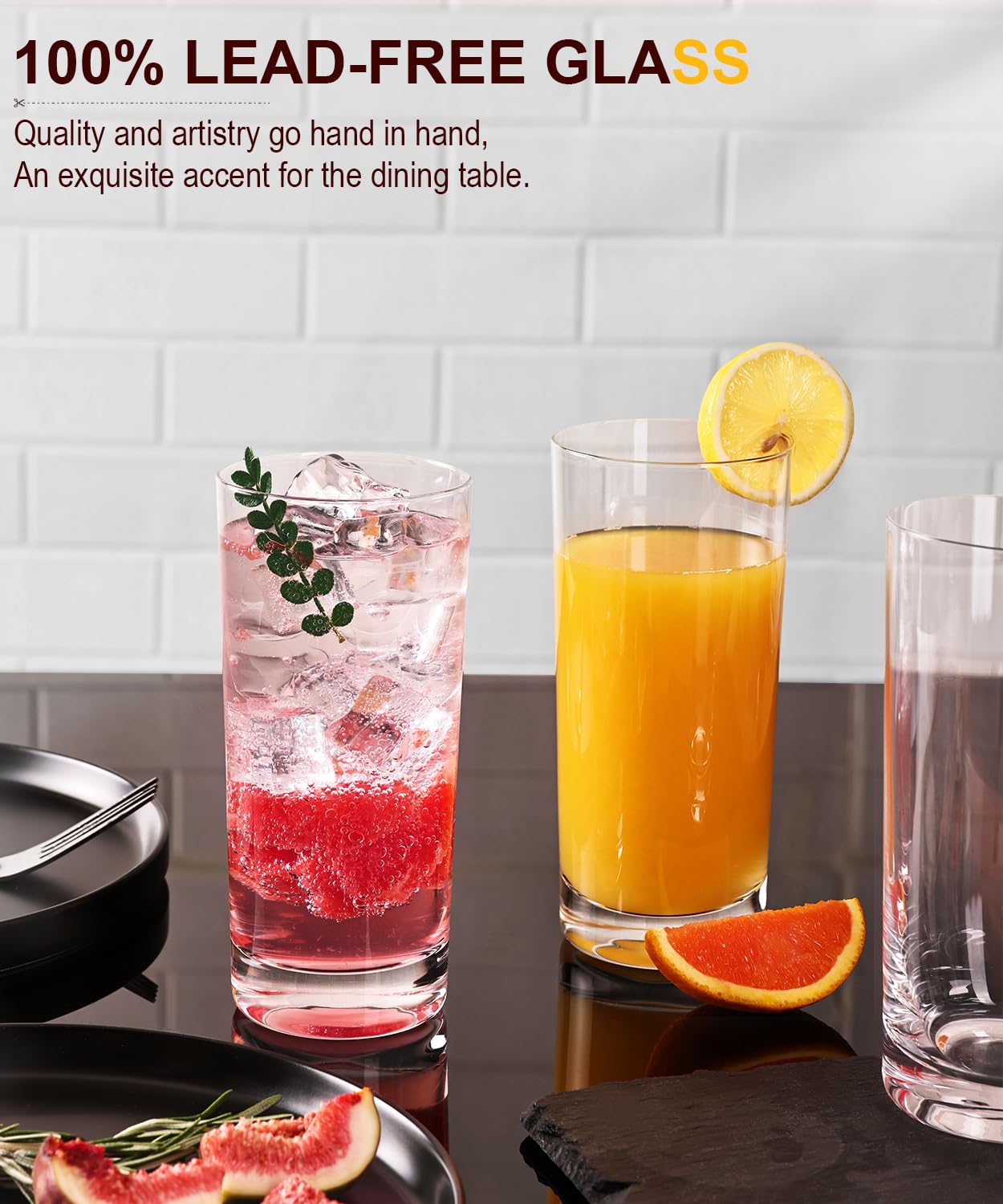 LUNA & MANTHA Drinking Water Glasses Set, Lead-Free Crystal Highball Glass, Tall Glass Cups for Cocktail Parties,Clear set of 12,16oz