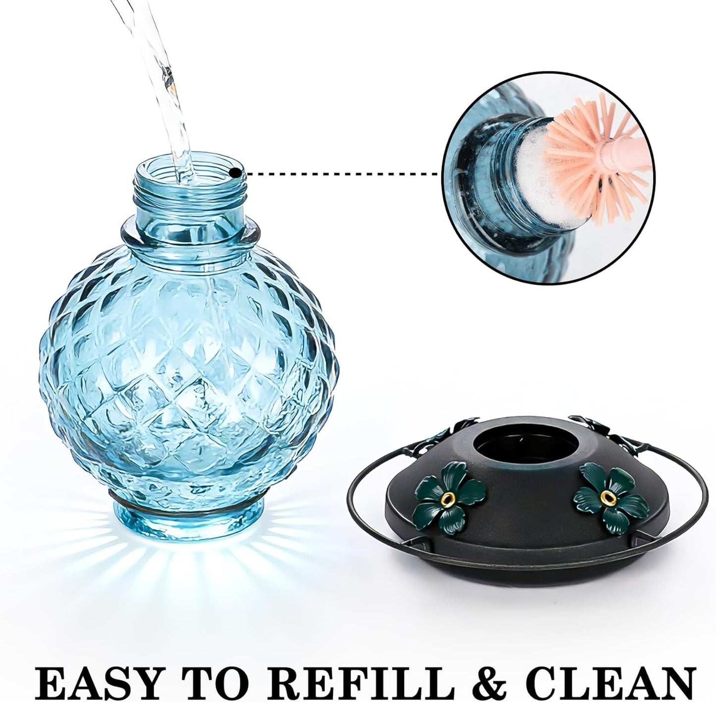 Skiennix Glass Hummingbird Feeder - 25 Oz Outdoor Nectar Feeder with 4 Bee Guards & Ant Moat | Blue