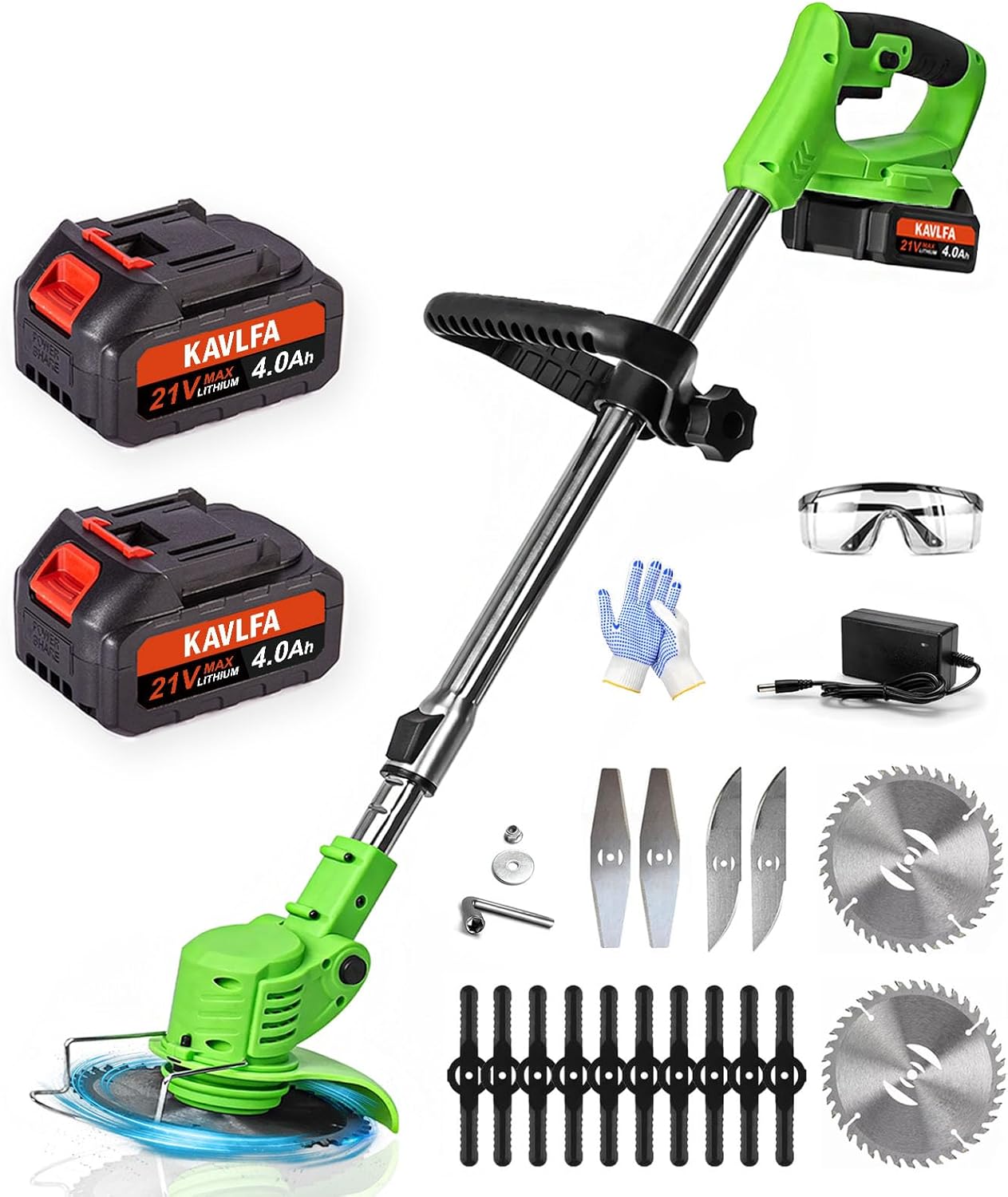 Skiennix Cordless Weed Wacker - 21V Electric Grass Trimmer with 2 Batteries & 4 Blades | Lightweight & Versatile for Yard Care (Green)