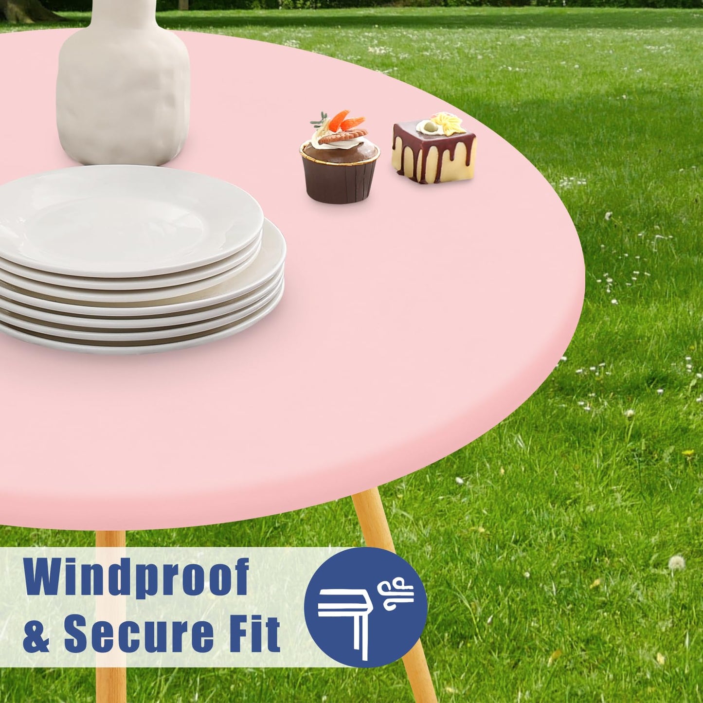 Moosfor Round Spandex Valentines Day Tablecloth, Elastic Fitted Waterproof Tablecloths for 25"-30" Tables, Stretch Washable Picnic Table Cover for Camping, Dining, Indoor and Outdoor, Pink