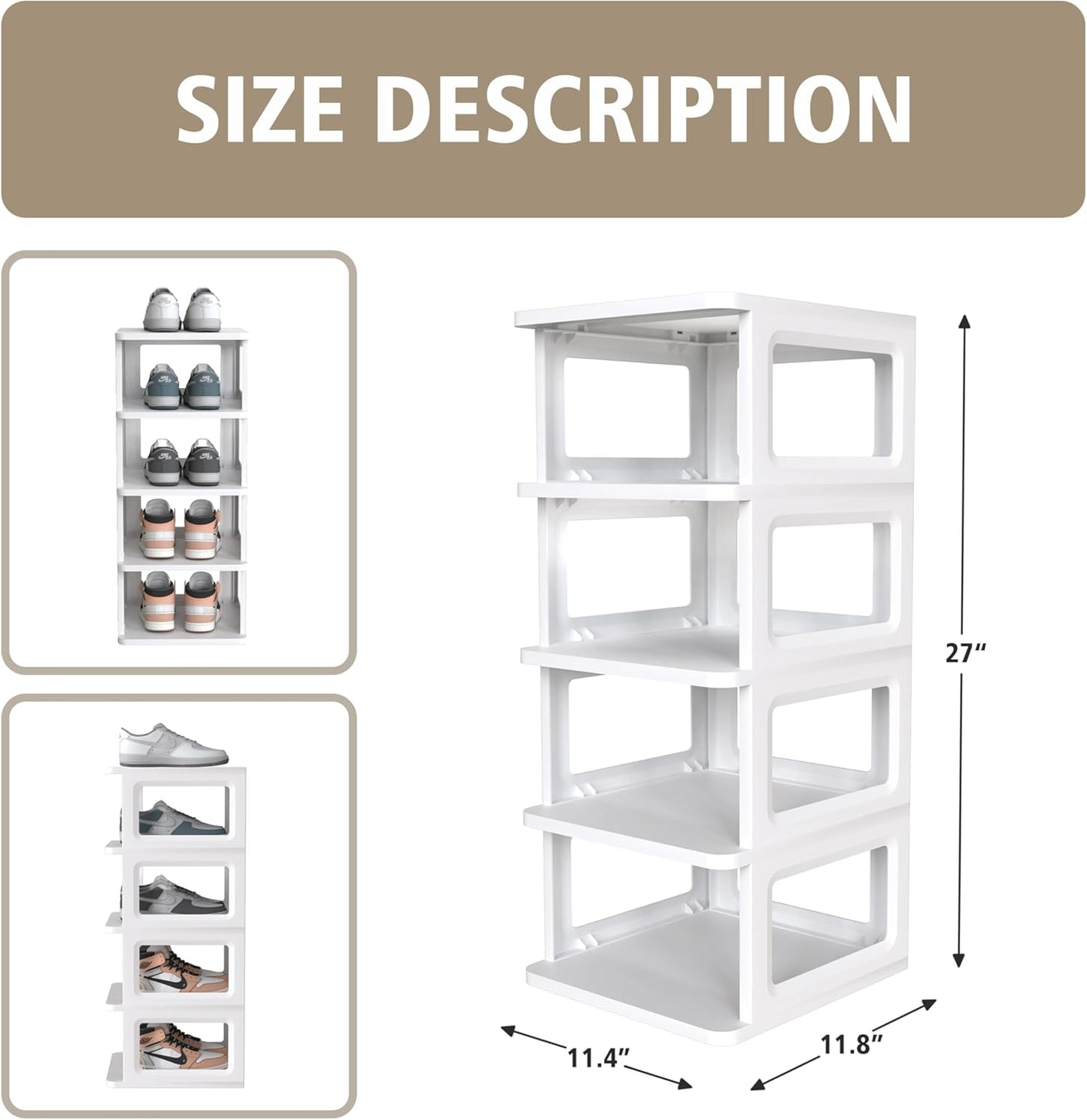 SEE SPRING 5-Tier Stackable Shoe Rack Organizer - Durable Plastic Storage Shelf for Entryway & Closet, Fits Size 13 Shoes (White)