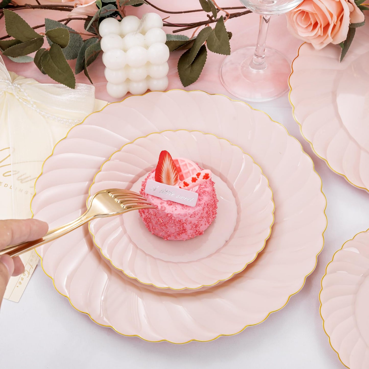YOUBET 125Pcs Pink Plastic Plates with Gold Rim - Scalloped Plastic Plates Set Includes 25 Dinner, 25 Dessert Plate, 75 Gold Silverware for 25 Guests for Wedding Birthday Baby Shower Mothers Day