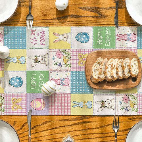 Artoid Mode Plaid Bunny Rabbit Eggs 210 GSM Happy Easter Table Runner, Seasonal Spring Kitchen Dining Table Decoration for Home Party Decor 13x72 Inch