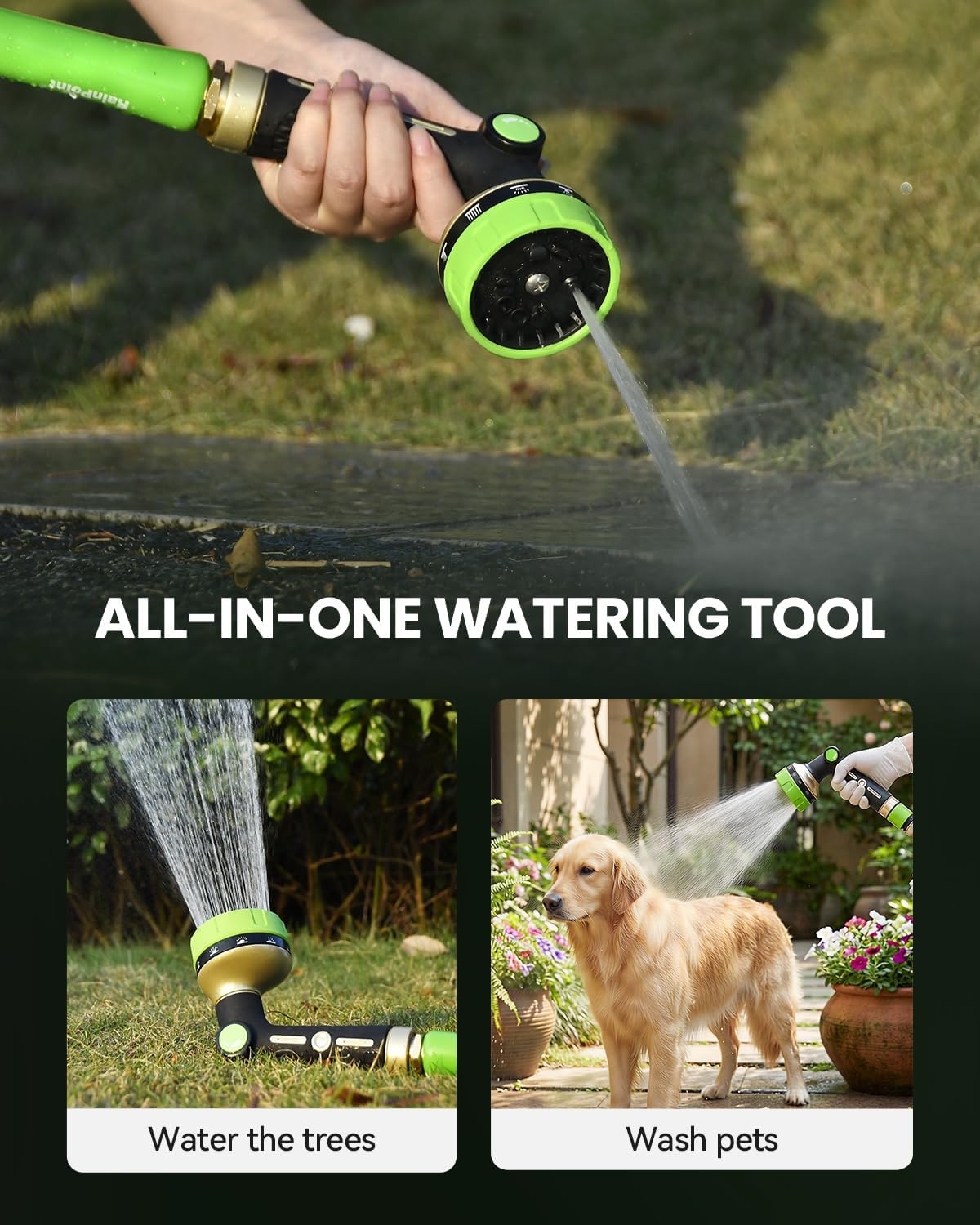 RAINPOINT Garden Hose Nozzle - Heavy Duty Metal Spray Nozzle with 10 Patterns for High Pressure Watering | Green