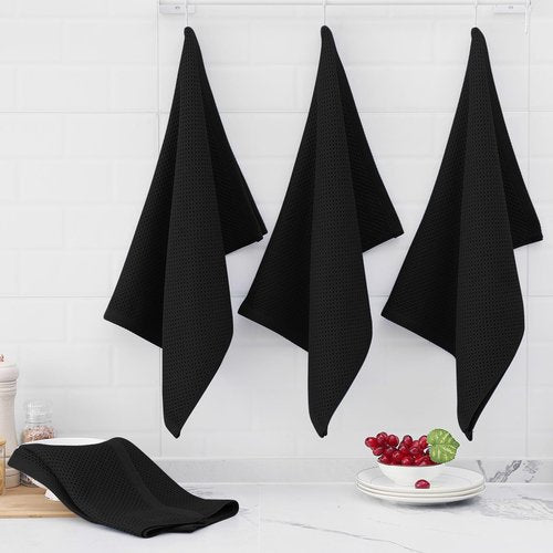 Homaxy 100% Cotton Oversized Waffle Weave Kitchen Dish Towels, Ultra Soft Absorbent Quick Drying Cleaning Towel, 20 x 28 Inches, 8-Pack, Black
