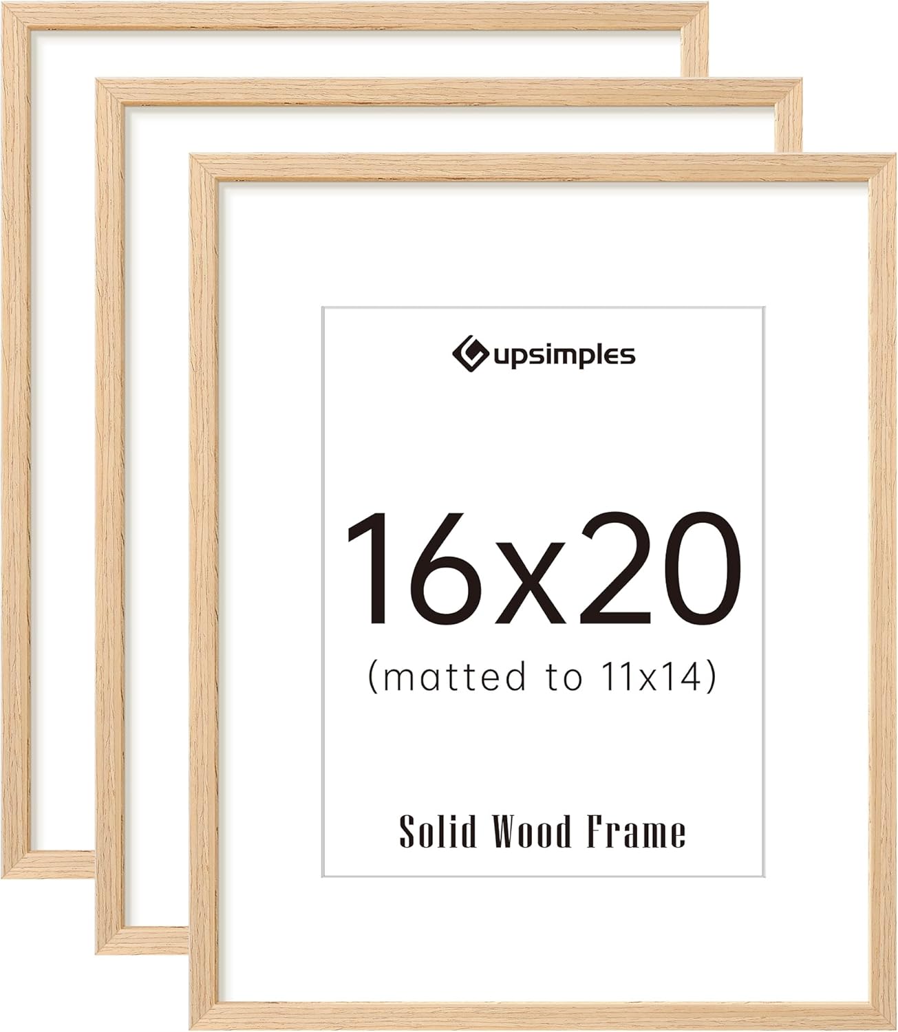 Upsimples 16x20 Picture Frames - Set of 3 Natural Solid Wood Frames for 11x14 or 16x20 Displays