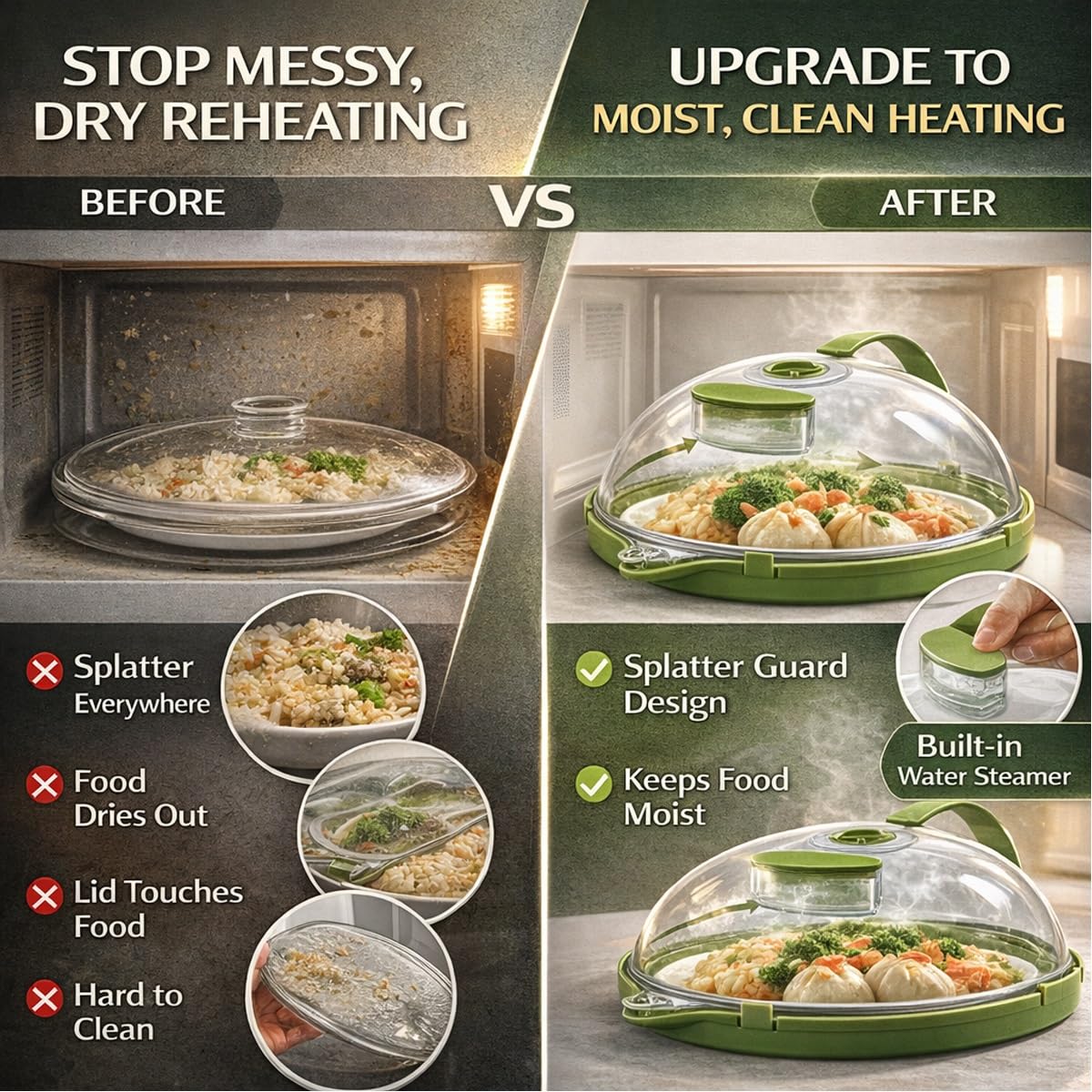 Microwave Splash-Proof Food Cover, Splatter Screen Guard with Water Steamer, Glass Bowl Overflow Drain Helmet Plate Covers, Magnetic Bacon Cooker, Collapsible Silicone Panel(10in)