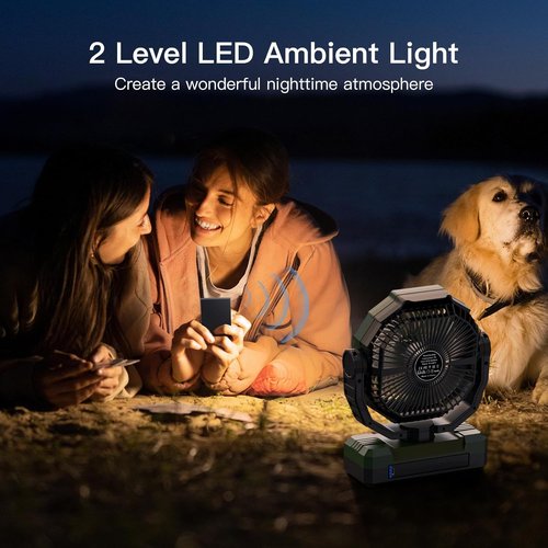 FRIZCOL 3-in-1 Camping Fan - Portable Rechargeable Fan with 24000mAh Battery, Light & Remote - Green