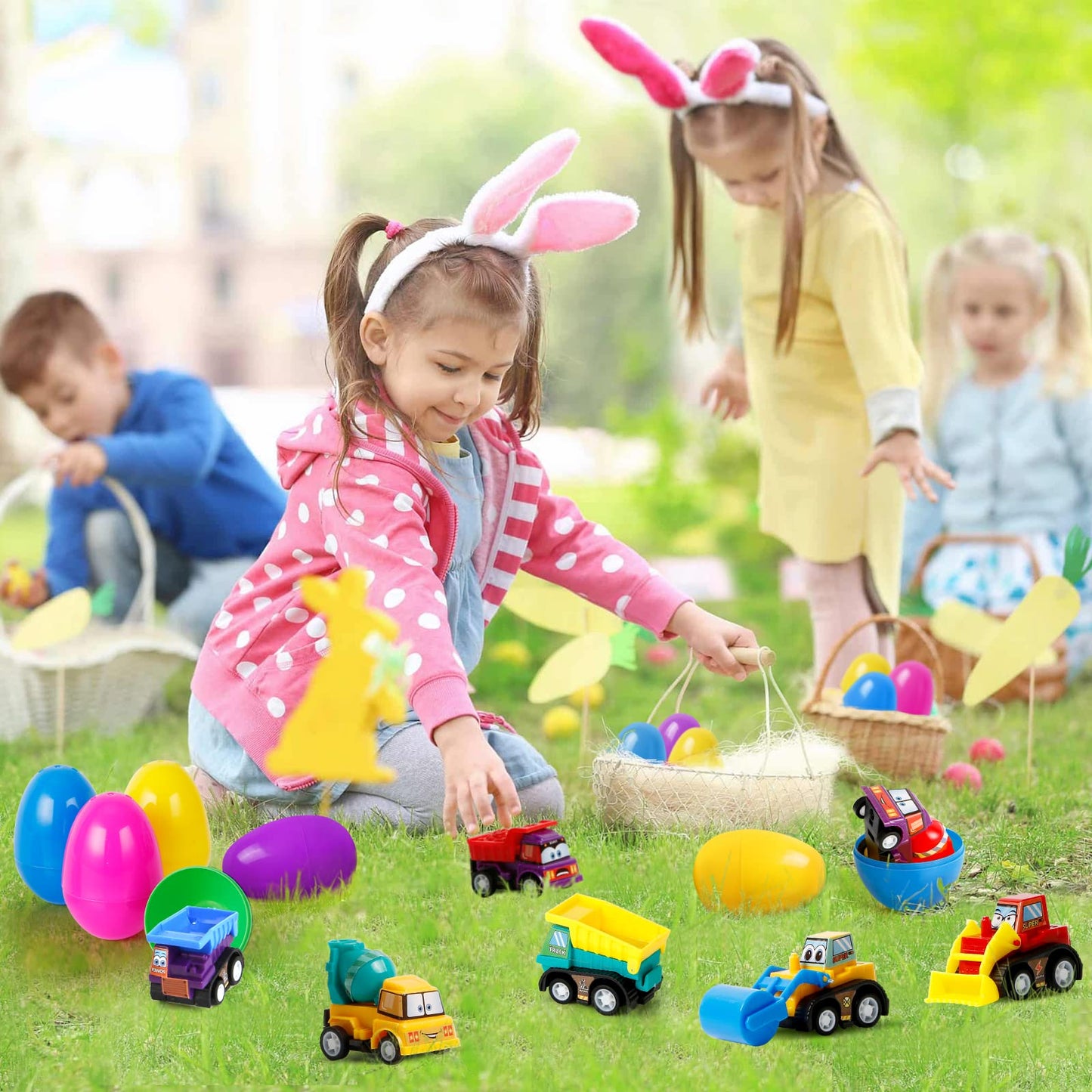 ZenBombs 12 Plastic Easter Eggs Filled with Pull-Back Engineering Toys Gift for Easter Egg Hunt, Birthday Party for Kids Over 3 Years Old