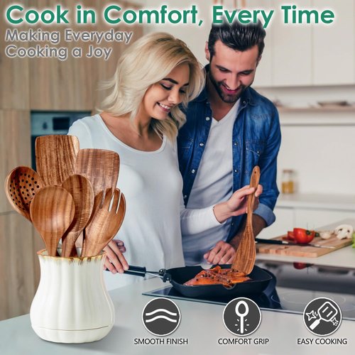 HOWHONG Wooden Spoons for Cooking, Teak Wood Kitchen Utensil Set, Premium Handmade Wooden Utensils for Nonstick Cookware, Heat Resistant, Smooth Finish, Comfortable Grip, 6 Piece