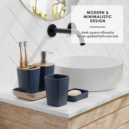 Clara Clark Bathroom Accessories Set - 6PC Navy Blue Set with Toilet Brush, Trash Can & Soap Dispenser