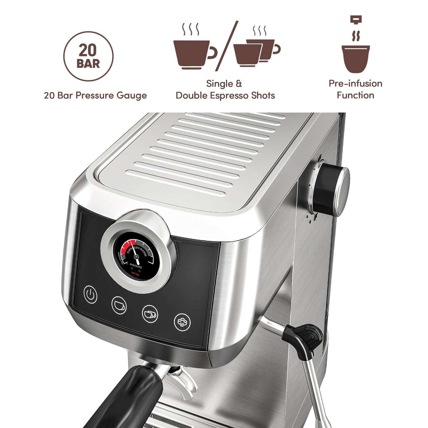 wirsh Espresso Machine, 20 Bar Semi-Automatic Espresso Maker with Pressure Gauge, Steam Wand, Stainless Steel Expresso Coffee Machine for Espresso/Latte/Cappuccino, Touch Screen,Home Barista Plus