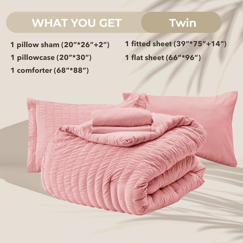 HYMOKEGE Twin Comforter Set - Rose Pink Seersucker 5-Piece Luxury Bedding Set for All Seasons
