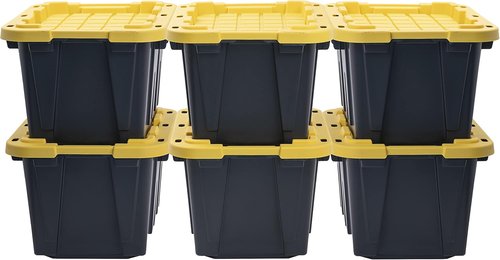 CX Black & Yellow 12-Gallon Heavy Duty Storage Bins - Stackable, Weather-Resistant, 6 Pack (12.51H x 16.3W x 21.8D)