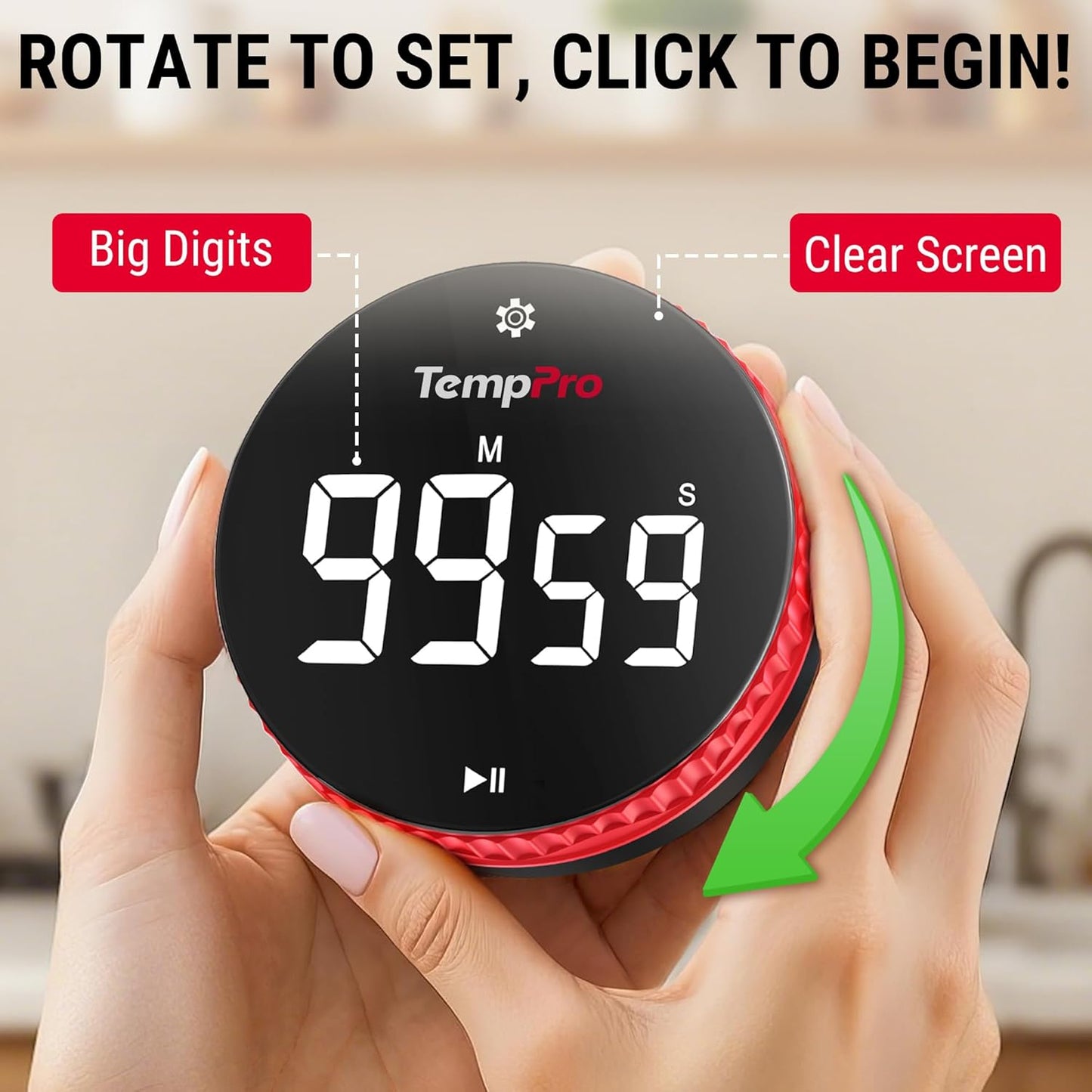 TempPro Digital Kitchen Timer - 99-Hour Countdown with Strong Magnet & Large LED Display | 3 Volume Levels