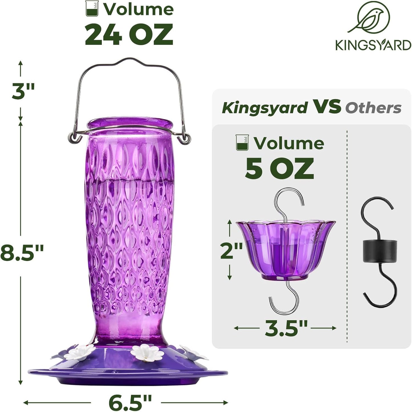 Kingsyard Glass Hummingbird Feeders - 24 oz Leak-Proof Outdoor Nectar Feeders with 6 Ports & Ant Moat - Purple (2 Pack)