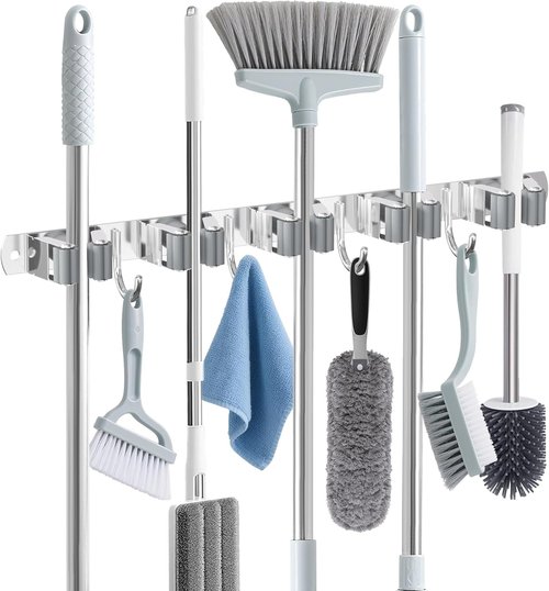 HANZENMA Broom Holder Wall Mount - Heavy Duty Stainless Steel Organizer with 5 Racks & 4 Hooks for Home, Kitchen, Garage