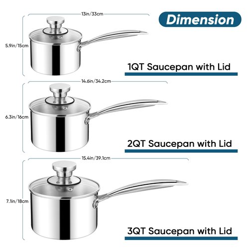 Homikit Stainless Steel Saucepan Set, 1Qt & 2Qt & 3Qt Sauce Pan with Lids 6pcs, Tri-Ply Bottom Induction Compatible Small Cooking Pot kitchen Cookware Set, Dishwasher Safe & Nonstick