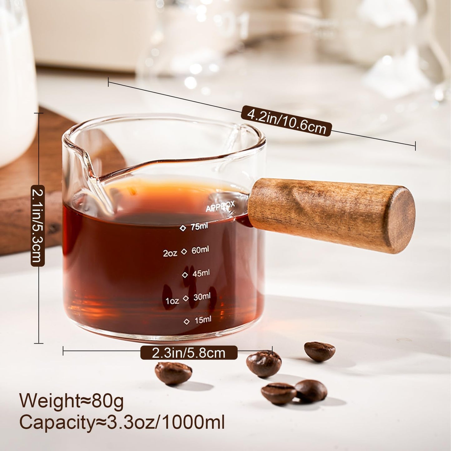 PARACITY Espresso Cups with Handle set of 2, 3.5OZ Double Spout Glass Measuring Cup with Dual Scale, Clear Espresso Shot Glass with V-Shaped Mouth, Espresso Accessories