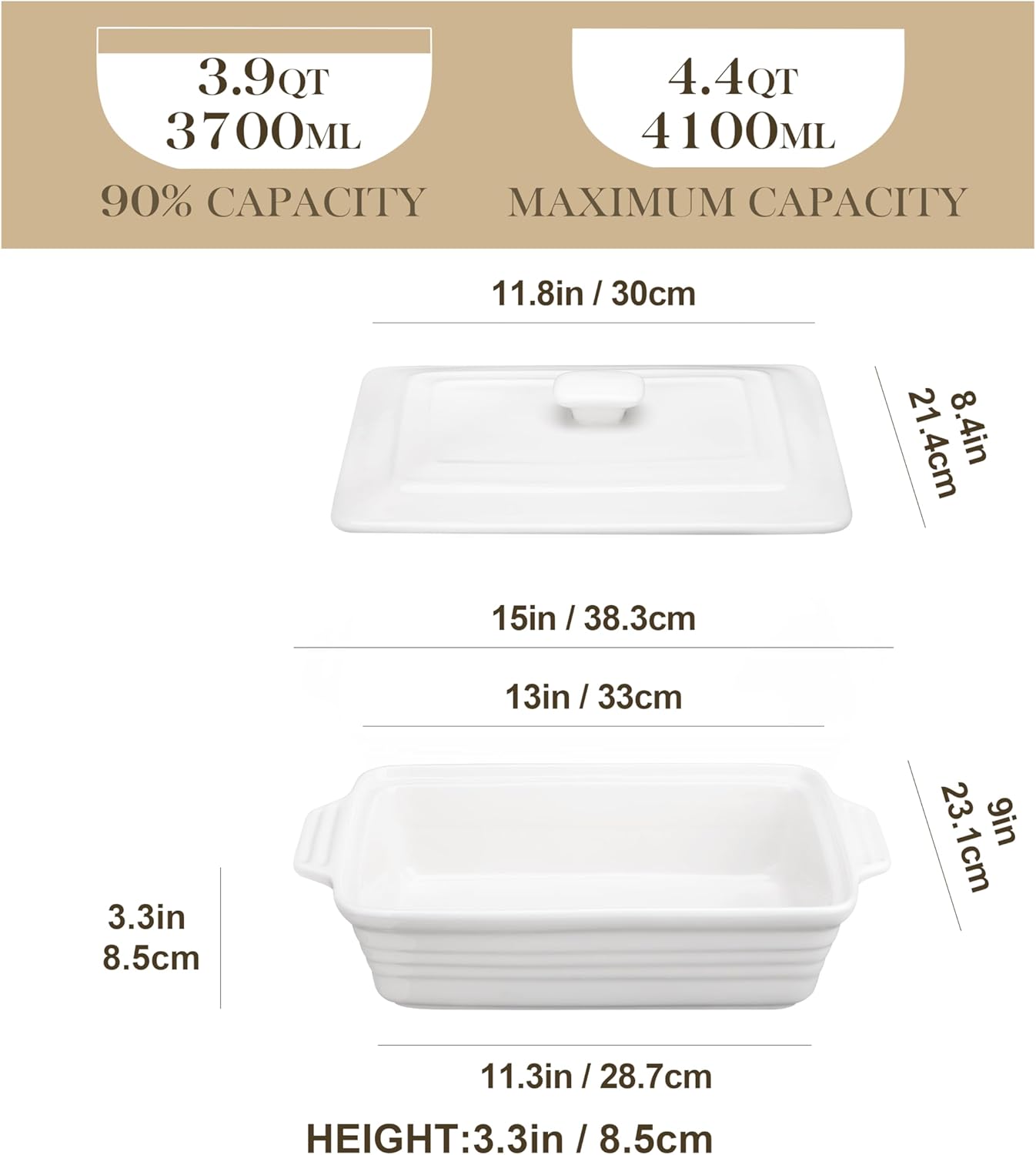 MALACASA Casserole Dish - 4.4 Qt Porcelain Baking Dish with Lid & Handles | Microwave Safe, White