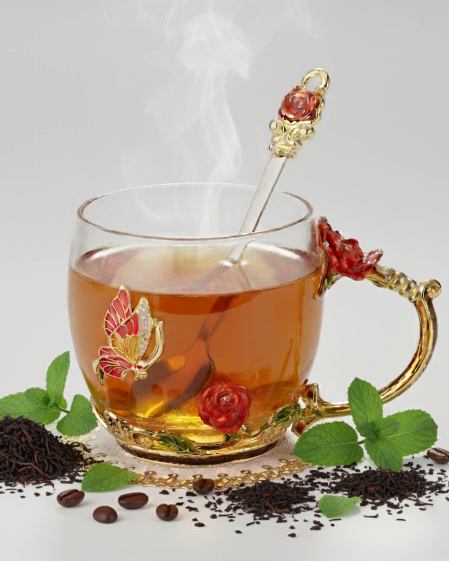 ColoVie Glass Tea Cups Set with Spoon, Coaster- 3D Red Flower Butterfly Coffee Mugs- Lead-Free Glass Coffee Cups- Best Birthday Gifts for Women, Mom- Enamels Mug- Mothers Day Gifts from Daughter