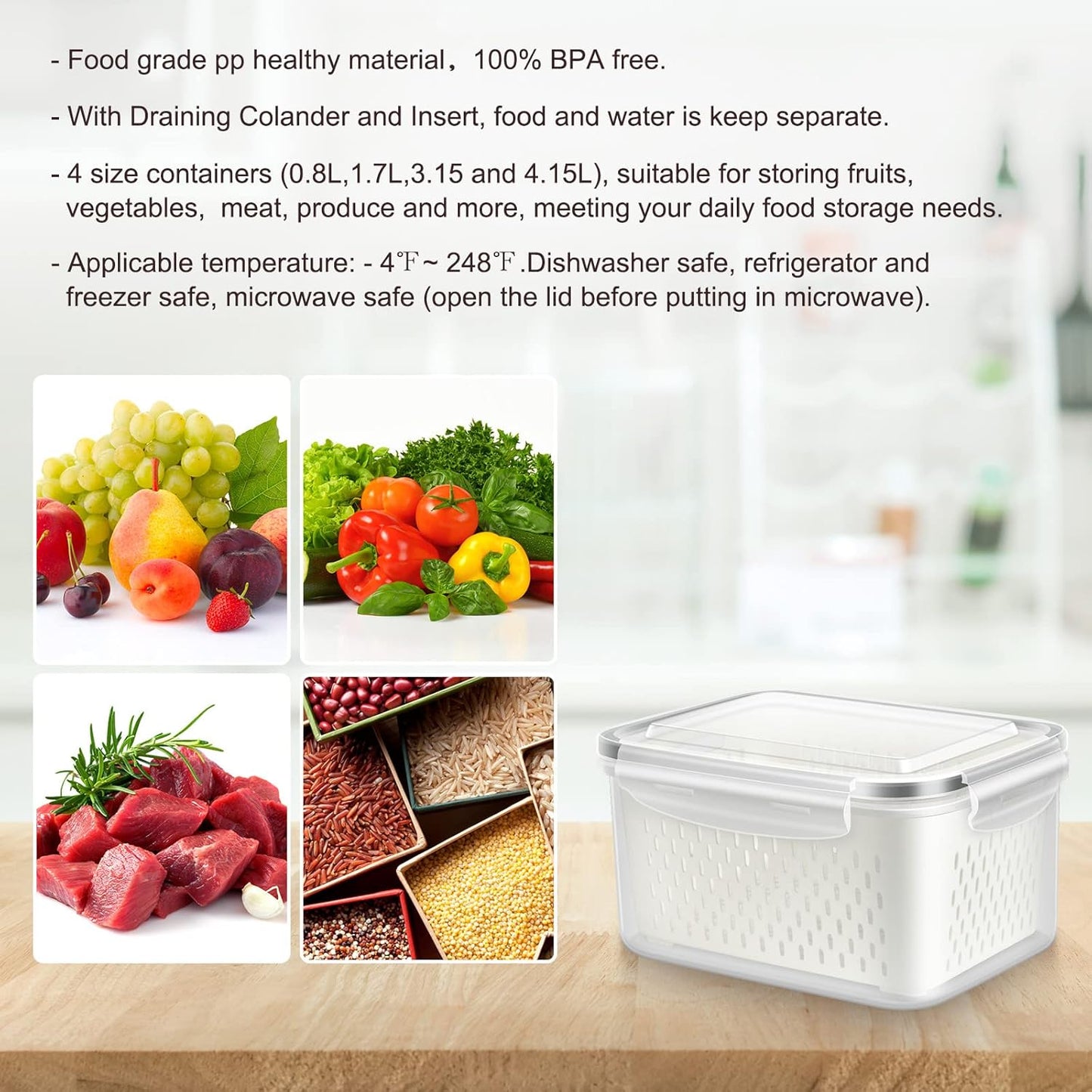 Skiennix 8-Piece Fruit Storage Containers - BPA-Free Plastic with Removable Colander for Fridge