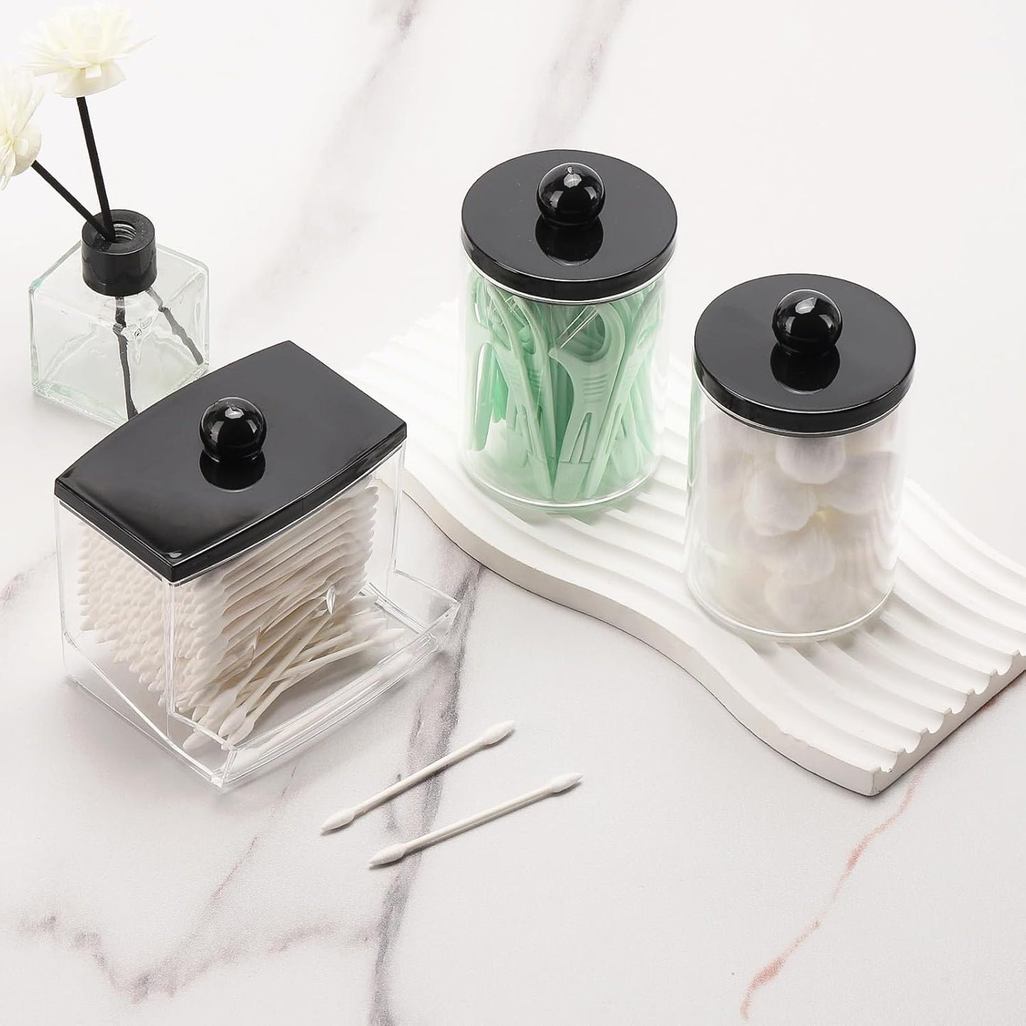 Tbestmax Cotton Ball Holder - 10oz Apothecary Jar Organizer for Bathroom | Stylish Black Lid