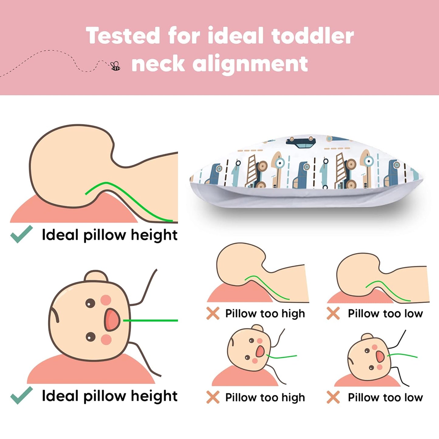 My Little Dreamy Toddler Pillow - Organic Cotton Travel Bed Pillow with Soft Pillowcase | 13x18, Machine Washable, Ideal for Ages 2-5 (Vroom)