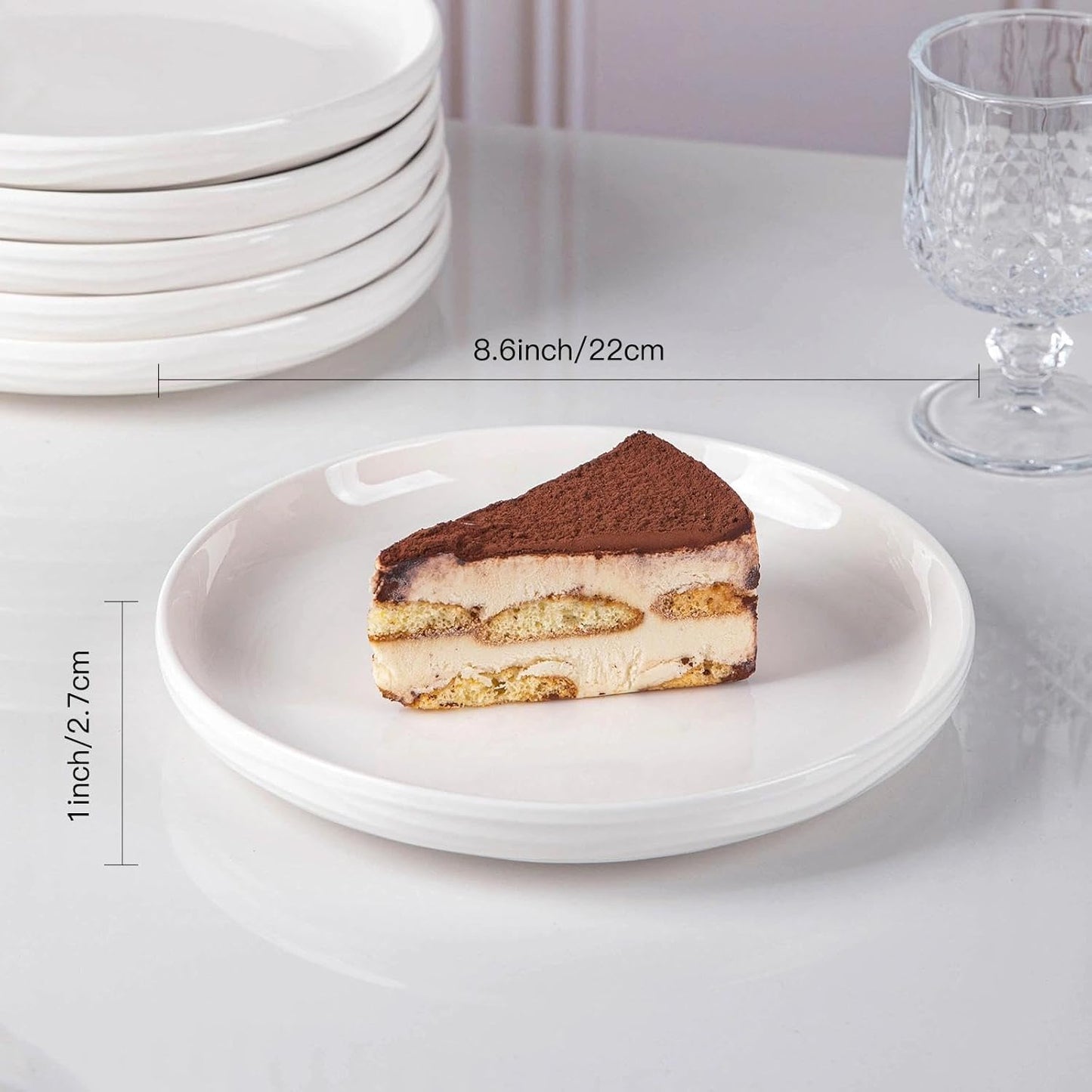 Skiennix White Salad Plates Set of 6 - 8 Inch Porcelain Dinner Plates | Ribbed Texture, Microwave & Dishwasher Safe