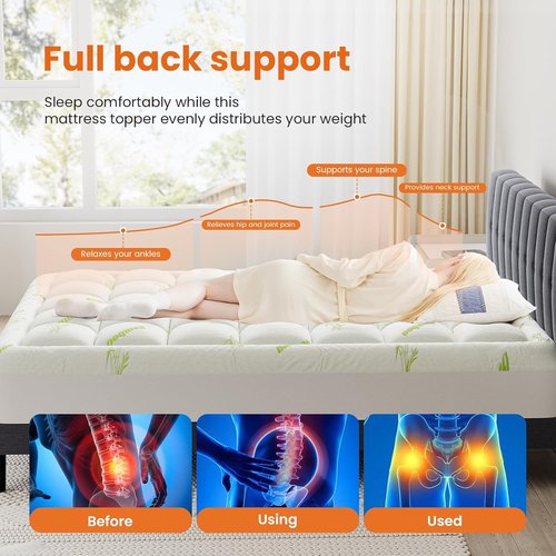 DUMOS Ultra Soft Queen Size Mattress Topper - Breathable Bamboo Viscose Pillow Top for Back Pain Relief