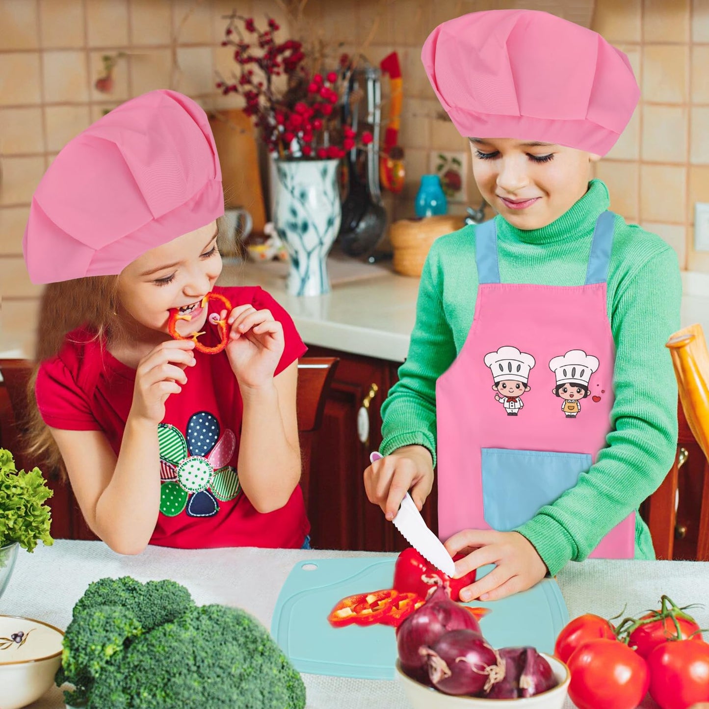 20 PCS Toddler Kitchen Knife Baking Tools Set, Pink Kid Safe Knives for Cutting with Cutting Board