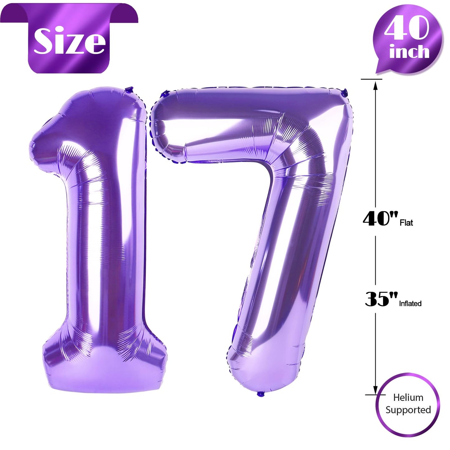 Purple Number 17 Balloon 40 inch, 17 Number Balloons, 17th Purple Birthday Decorations, 17 Year Old Girls Boys Party Supplies