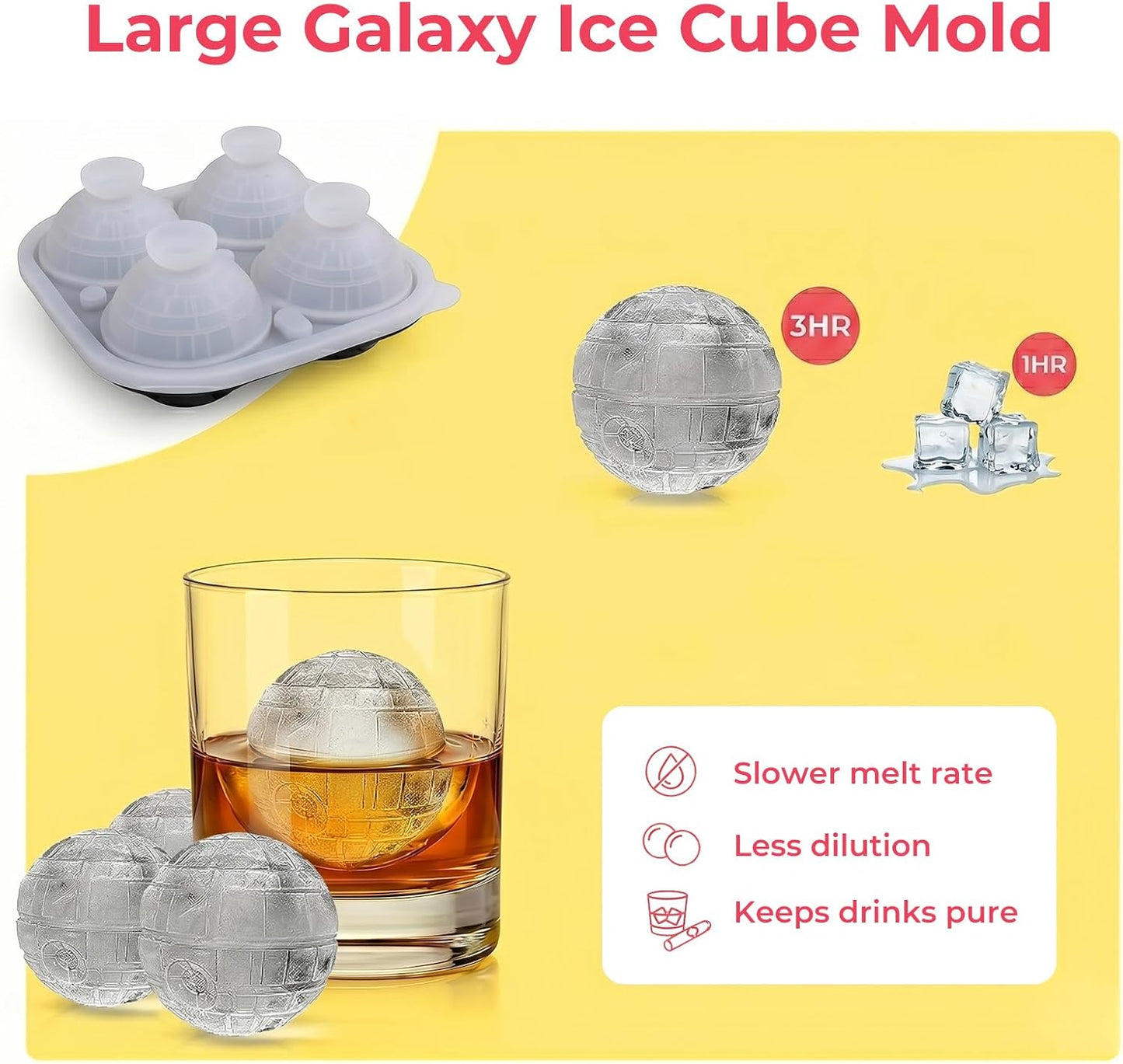 SpaceTime Large Ice Cube Tray - Silicone Round Ice Cube Mold with Lids & Funnel, 2.5 Inch for Whiskey & Cocktails