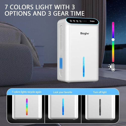 Dehumidifier | Regine Switzerland Quiet Home Unit for 1000 Sq.Ft - Auto Shut Off, Aromatherapy, 7-Color LED Light