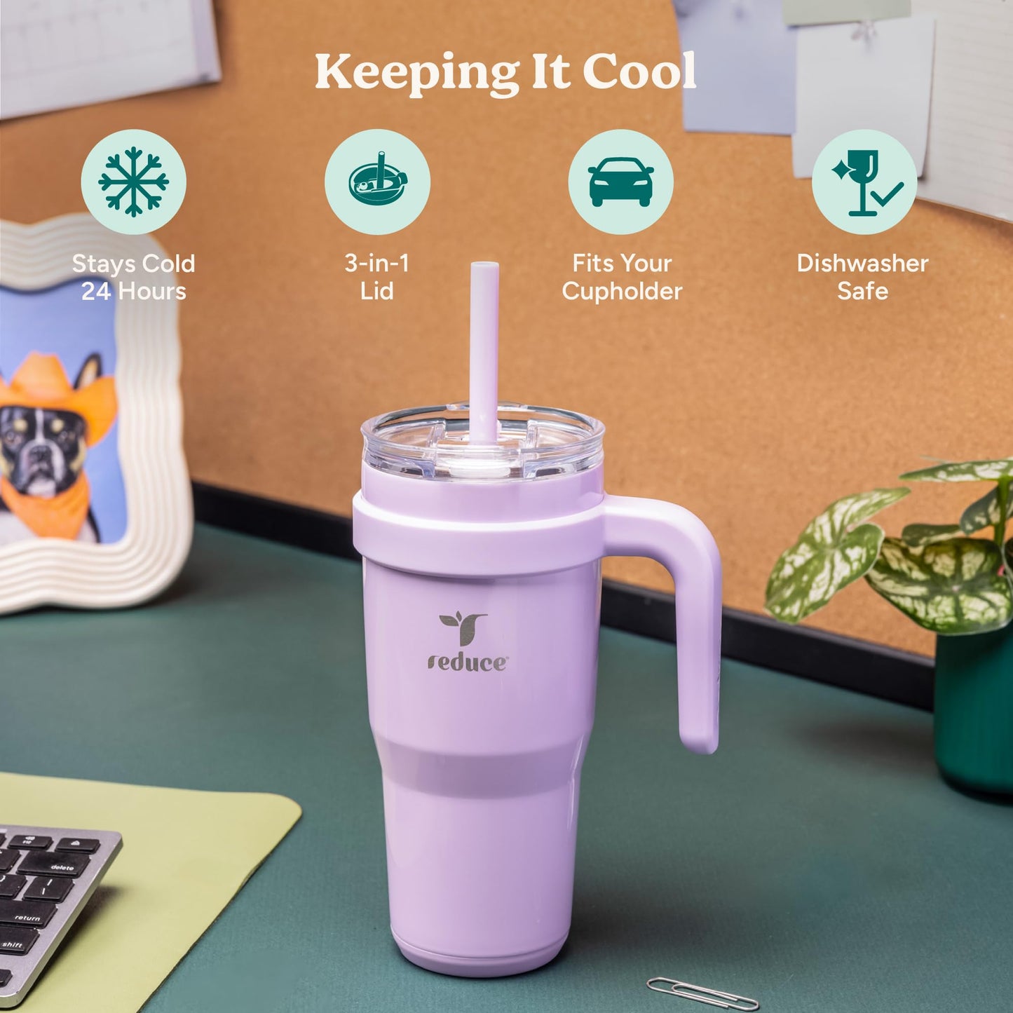 Reduce 24 oz Stainless Steel Tumbler with Handle - Dual-Wall Vacuum Insulated Travel Mug, Sweat-Proof Lid & Reusable Straw - Keeps Drinks Cold for 24 Hrs, Fits Cupholders, Dishwasher Safe-Mineral Blue