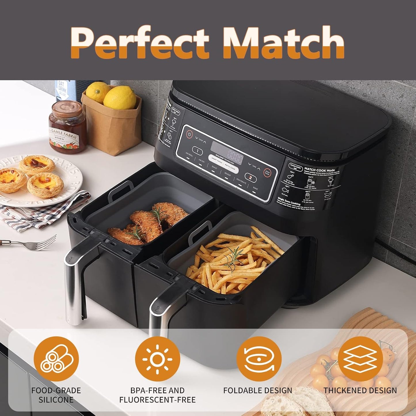 NINJA Air Fryer Silicone Liners - Collapsible 2-Pack for 8QT & 10QT | Reusable Gray Basket Pots