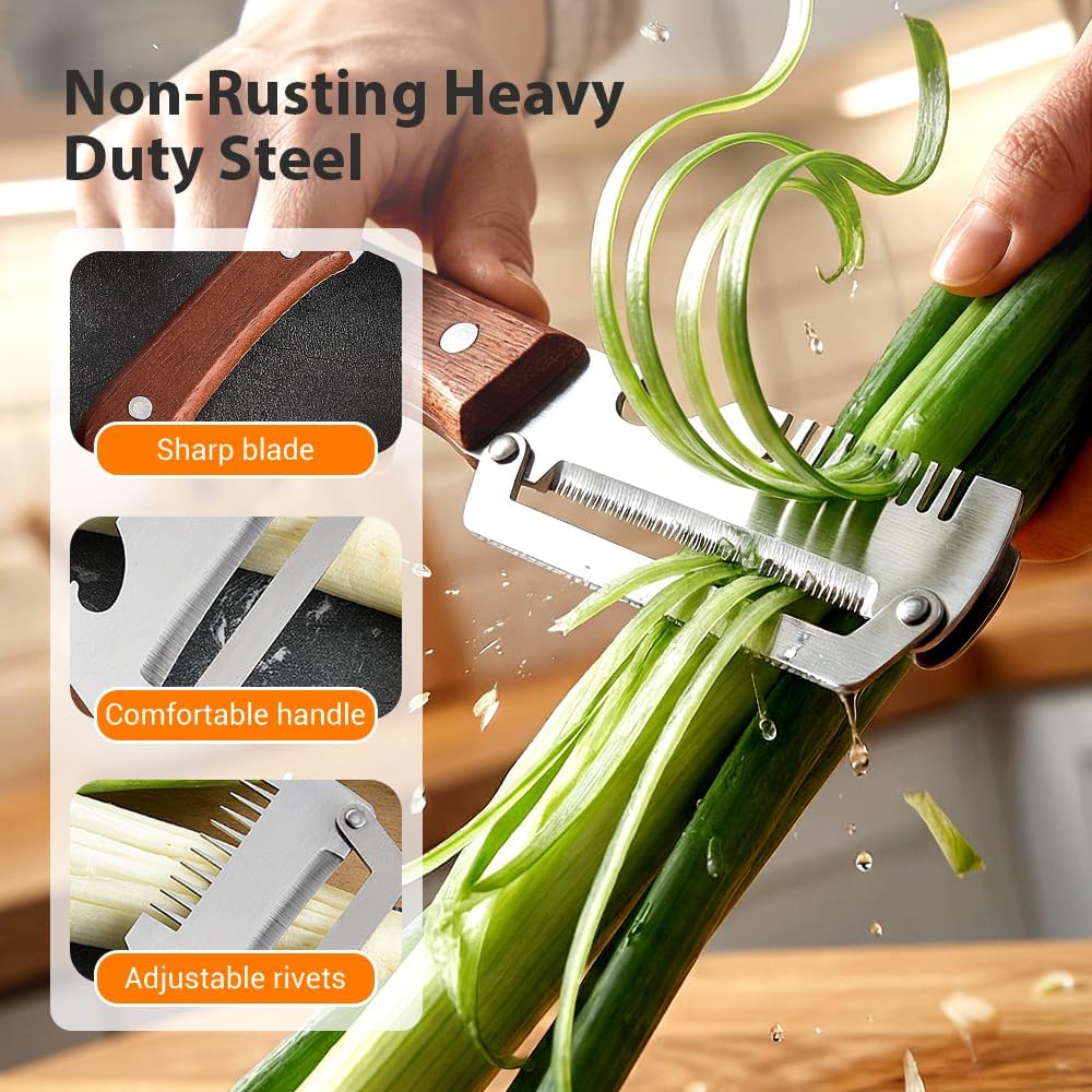 Skiennix Multi-Functional Vegetable Peeler - Stainless Steel with Wooden Handle | Ideal for Fruits & Scallions