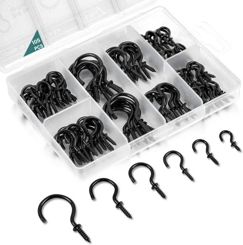 EIENHOSHI Screw Hooks - 105 Pcs in 6 Sizes for Versatile Hanging | Black Metal Cup Hooks (1/2" to 1-1/4")
