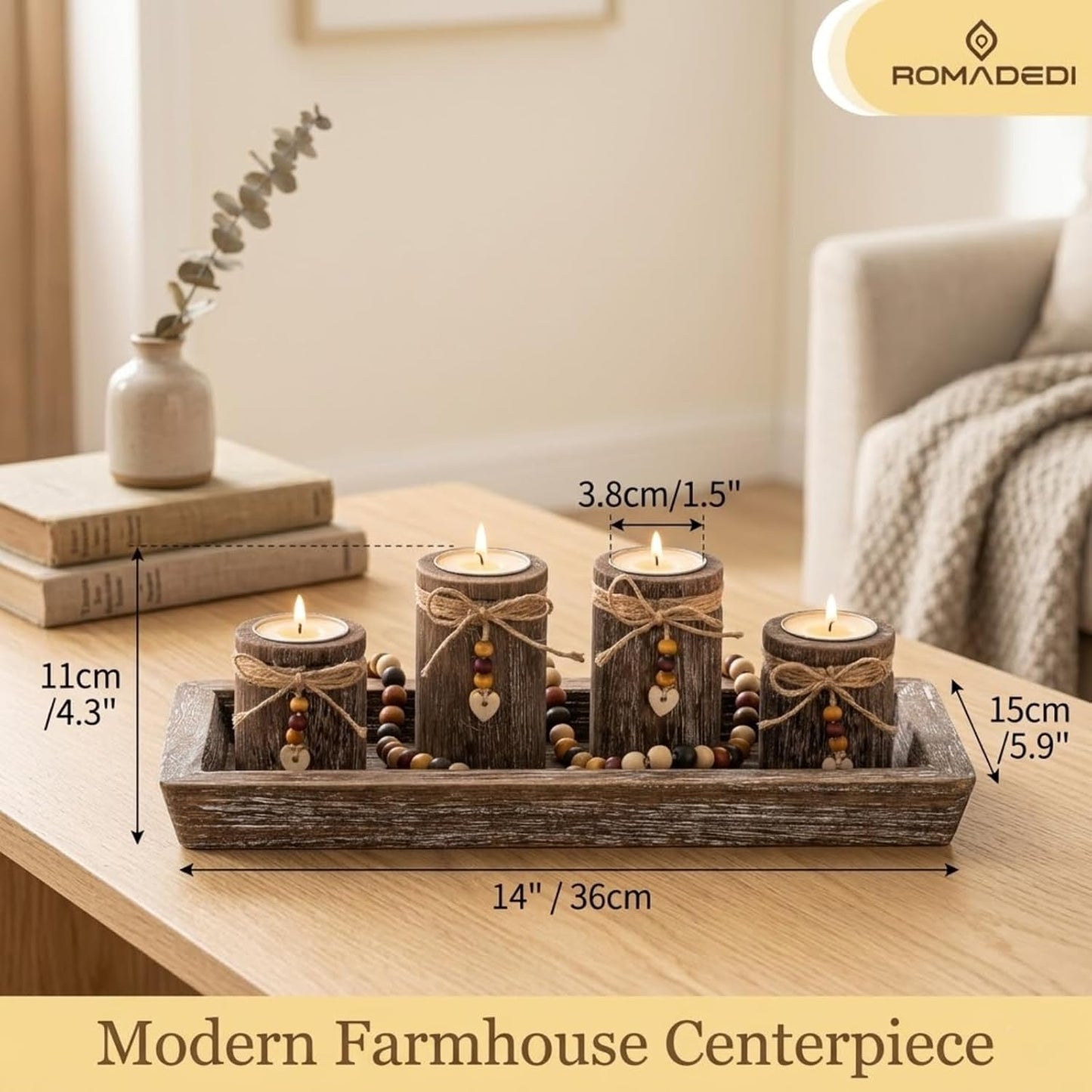 Romadedi Boho Wooden Tray Candle Holder Set - 4 Tealight Holders for Farmhouse Coffee Table Decor