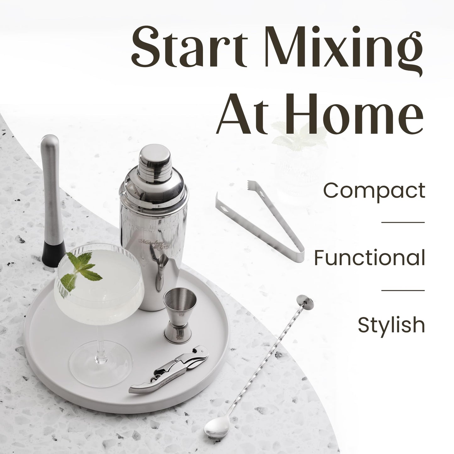 Modern Mixology 8-Piece Cocktail Shaker Set with Velvet Bag | Complete Kit for Bartenders | Includes Shaker with Strainer, Jigger, Muddler, Spoon, Pourers | Travel Bar Essentials (Silver)